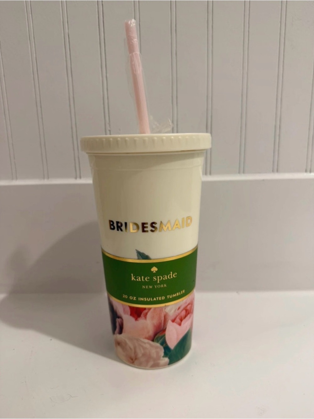 kate spade Cream Bridesmaid Tumbler with Green Band and Pink Floral